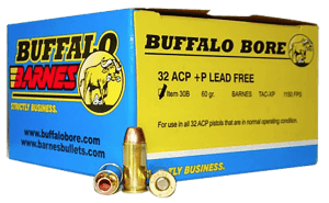 Buffalo Bore Ammunition 30B20 Buffalo-Barnes Strictly Business 32 ACP +P 60 gr Barnes TAC-XP Lead Free 20rd Box