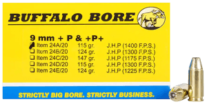 Buffalo Bore Ammunition 24A20 Personal Defense Strictly Business 9mm Luger +P+ 115 gr Jacketed Hollow Point (JHP) 20rd Box