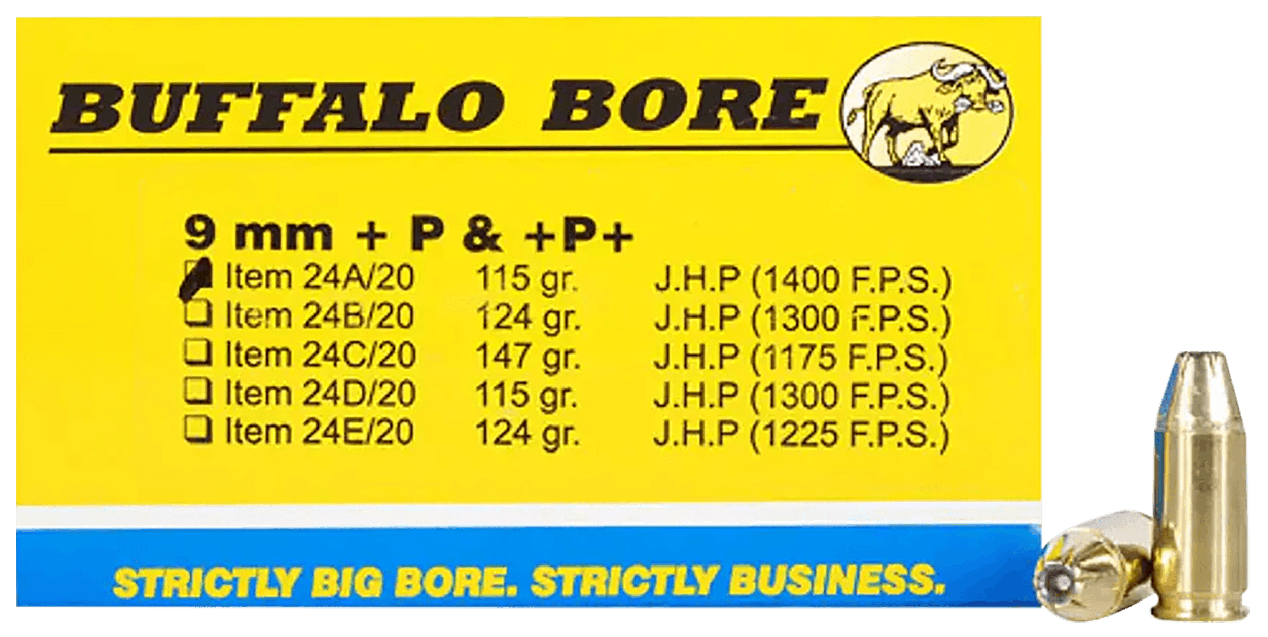 Buffalo Bore Ammunition 24A20 Personal Defense Strictly Business 9mm Luger +P+ 115 gr Jacketed Hollow Point (JHP) 20rd Box