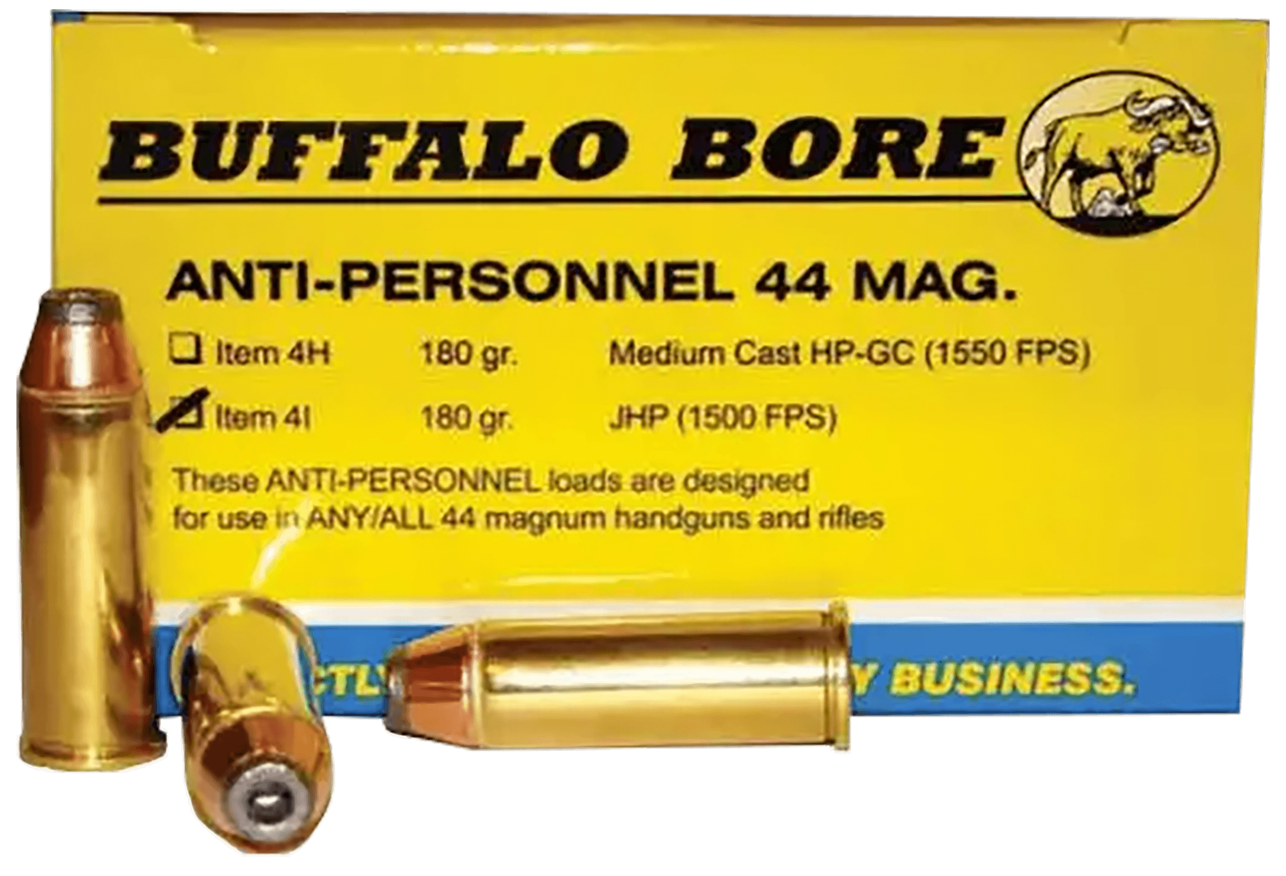 Buffalo Bore Ammunition 4I20 Anti-Personnel Strictly Business 44 Rem Mag 180 gr Jacketed Hollow Point (JHP) 20rd Box