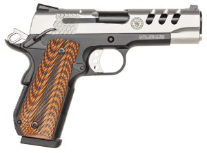 Smith & Wesson 170344 1911 Performance Center Full Size Frame 45 ACP 8+1 4.25 Blued Stainless Steel Barrel Matte Serrated Stainless Steel with Ports Slide Black Scandium Alloy Frame w/Beavertail Custom Wood G10 Grip Ambidextrous"
