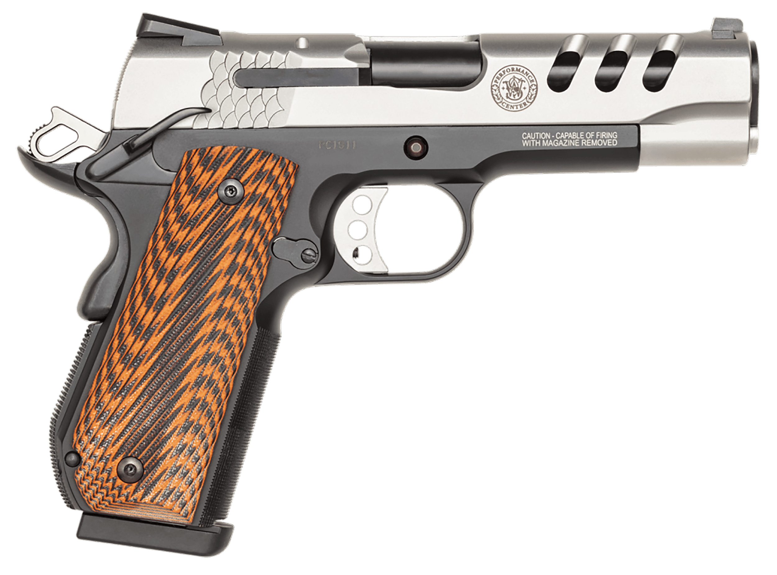 Smith & Wesson 170344 1911 Performance Center Full Size Frame 45 ACP 8+1 4.25 Blued Stainless Steel Barrel Matte Serrated Stainless Steel with Ports Slide Black Scandium Alloy Frame w/Beavertail Custom Wood G10 Grip Ambidextrous"