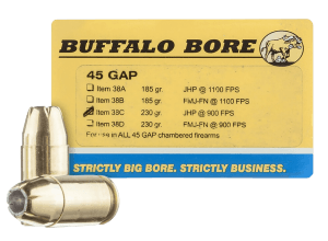 Buffalo Bore Ammunition 38C20 Personal Defense Strictly Business 45 GAP 230 gr Jacketed Hollow Point (JHP) 20rd Box