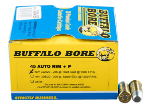 Buffalo Bore Ammunition 32A20 Personal Defense Strictly Business 45 Auto Rim +P 255 gr Hard Cast Flat Nose (HCFN) 20rd Box