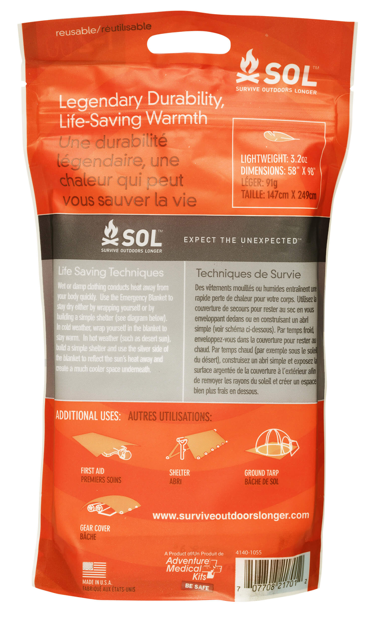 Survive Outdoors Longer 01401701 SOL Survival Blanket Warmth Waterproof Orange Metalized Polyethylene - Image 2