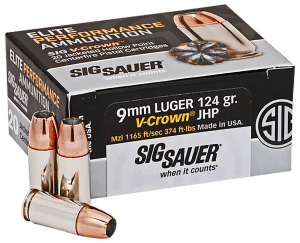 Sig Sauer E9MMA220 Elite Defense 9mm Luger 124 gr 1165 fps V-Crown Jacketed Hollow Point (VJHP) 20rd Box